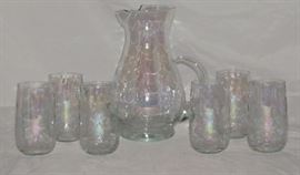 Iridescent Blown Crystal Pitcher with (6) Tumblers