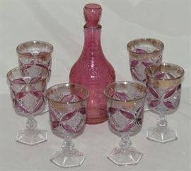 Rainbow Hand Crafted Pink Decanter and a set of 6 Crystal & Cranberry Goblets