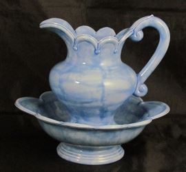 Vintage Blue Stain Ceramic Pitcher and Bowl set