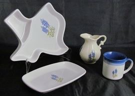Frankoma Pottery  "Blue Bonnet": Texas Shape Chip & Dip, Bread Tray, Small Pitcher and Mug