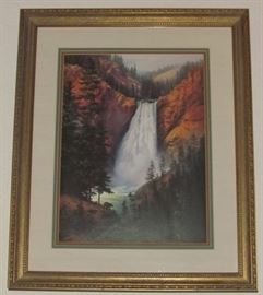 “Thundering Splendor” by Dalhart Windberg features a beautiful rumbling waterfall in this park series print. (12" x 16" ) Framed and Matted Print c.1979