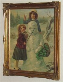 Vintage Girls with Snowman Print professionally framed in a Gold Baroque Style frame (19.5" x 23.5" overall)
