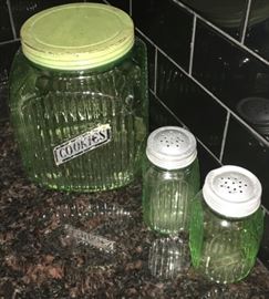 Hoosier Depression Era Green Vaseline Glass Cookie Jar and matching Shaker Set