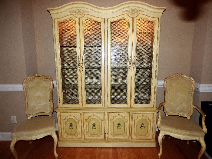 Thomasville painted French style lighted china cabinet, with 2 arm chairs (part of dining room set)