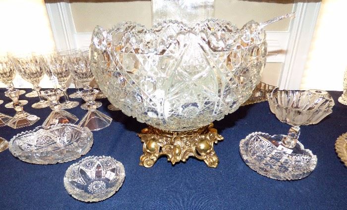 Unique Vintage Pressed Glass Punch bowl with Brass pedestal, 12 cups & ladle