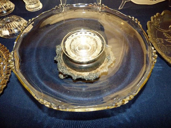 Unusual vintage glass platter on rotating silverplate pedestal
