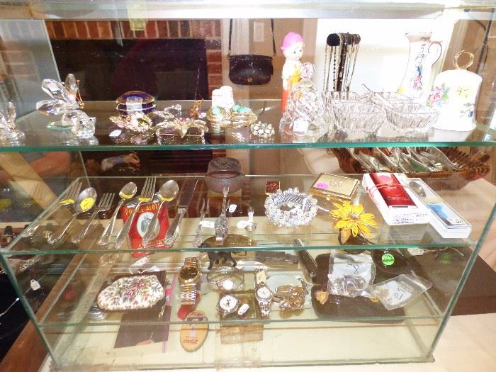 Misc. items including Swarovski Butterflies, vintage individual salts with spoons, Sterling Serving items, etc