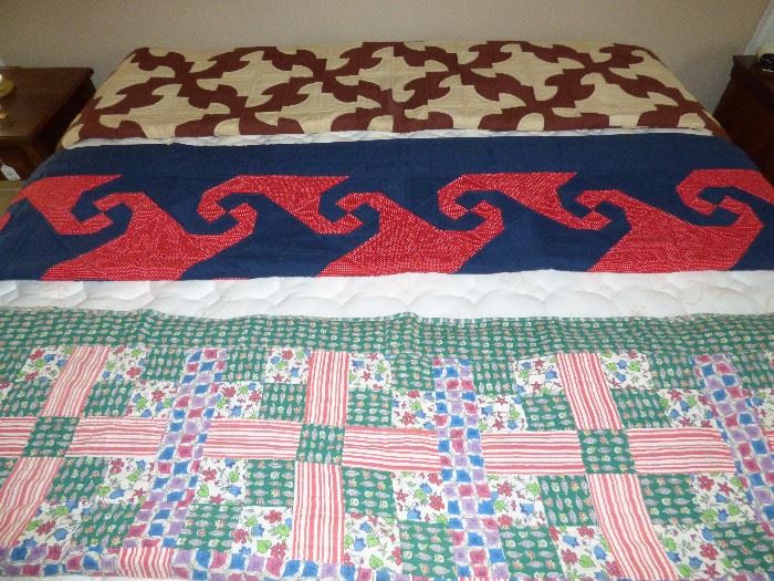 Vintage Hand-Made quilts, Top to Bottom : Brown & Cream "Drunkard's Path", Red & Blue "Monkey Wrench", (SOLD) Vintage fabric Quilt 