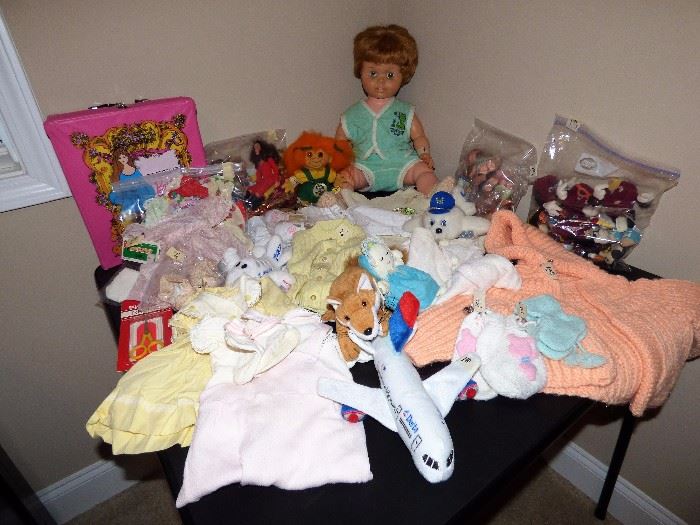 Vintage baby clothes, dolls, stuffies, etc