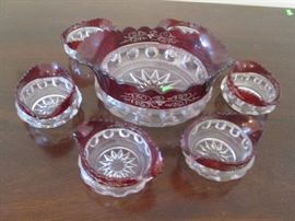 Cranberry/Clear Thumb-Print bowl set, 7 pcs