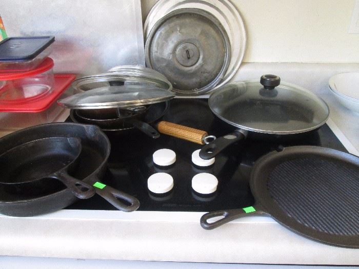 Cast Iron Skillets and Griddle, plus Pots and Pans