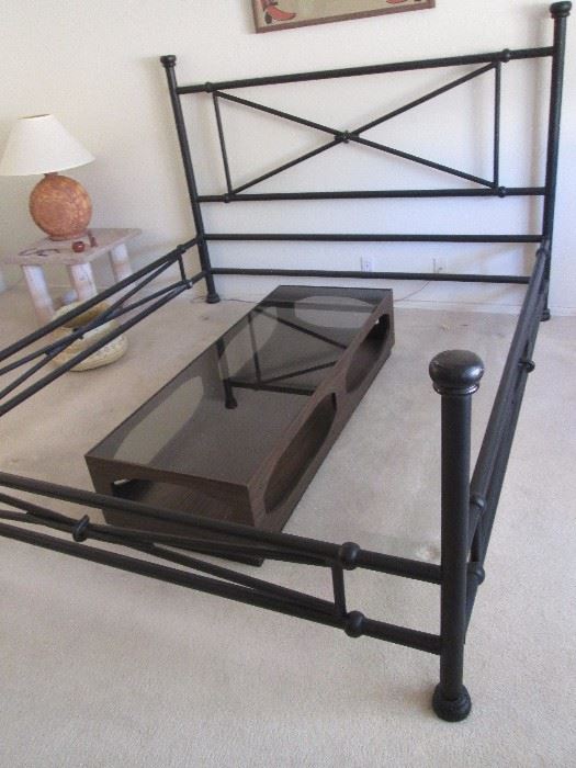 King - Metal Bed Unit.  Mid century modern coffee table with smoked glass.