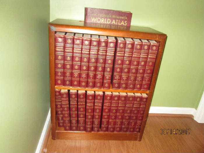 Encyclopedia Britannica set with atlas & bookcase