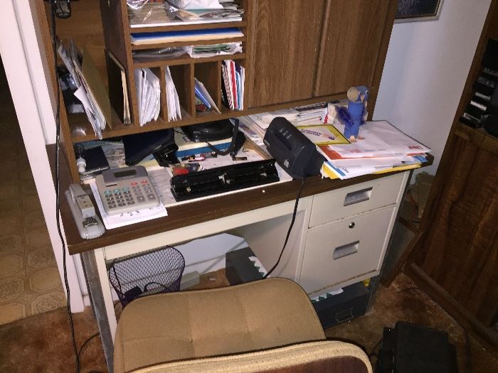 Metal desk, chair, office supplies