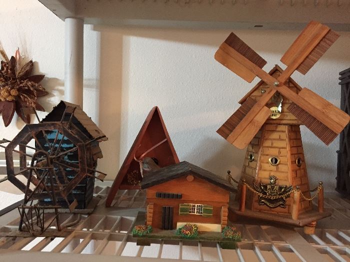 Windmill bank, music box, wood and metal buildings