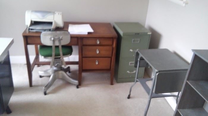 Desk, printer, office chair, filing cabinet, typing desk
