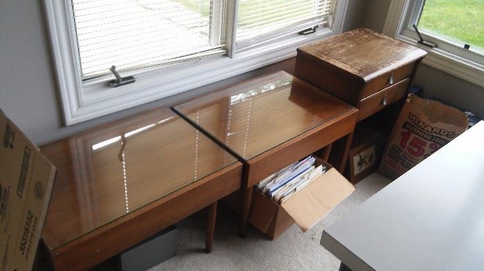 Matching side tables with glass to protect the tops, vintage side table with drawers
