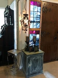 2 stained glass panels, lovely hanging lamp, painted tables