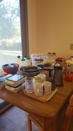 Oak Dinette with 6 chairs and two leaves, Assorted Kitchen items