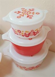 Vintage Pyrex Trio Casserole Bowls Set Friendship Birds & Flowers