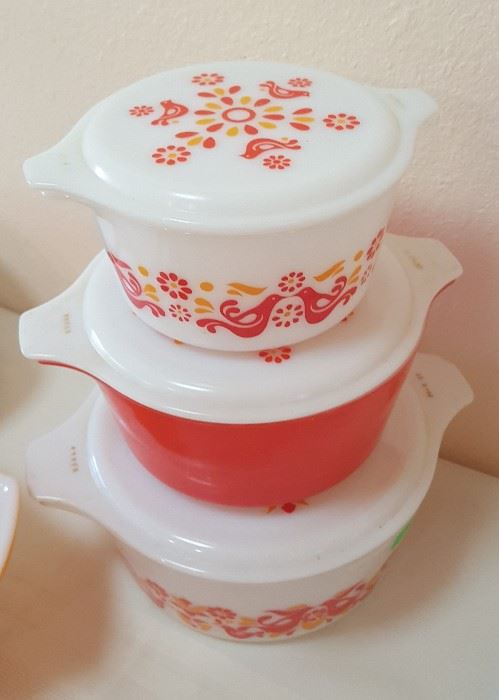 Vintage Pyrex Trio Casserole Bowls Set Friendship Birds & Flowers