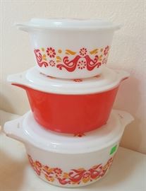 Vintage Pyrex Trio Casserole Bowls Set Friendship Birds & Flowers