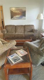 Living Room, Flexsteel Sofa, Oversized Arm Chair, Recliner, Coffee Table, End Table, Floor Lamp, Wall Décor, Magazine Rack