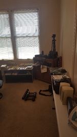 Computer Speakers, Printer, Weights, Assorted Magazines, Camera Equipment, Cameras