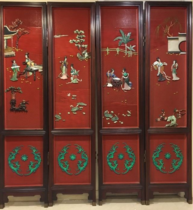 Chinese four panel cinnabar screen overlaid with green and white jade, agate, turquoise, lapis, malachite, and various colored stones  