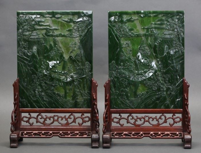 pair of Chinese carved spinach jade plaques