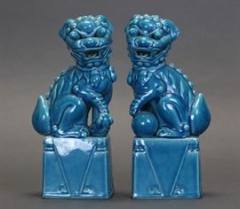 pair of Chinese turquoise glazed porcelain lions, Republican period