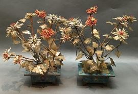 pair of Chinese jade & coral bonsai flower trees in cloisonné planters 
