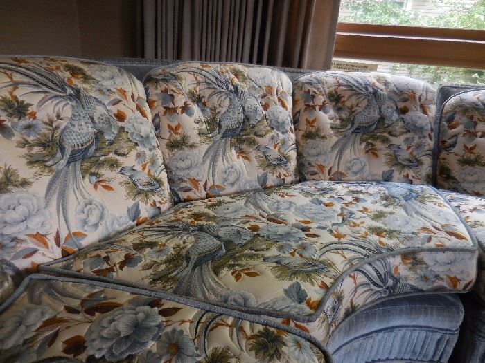 1960's Unique Birds of Paradise Silk Brocade Sectional Sofa with Velveteen Trim. Very comfy!!