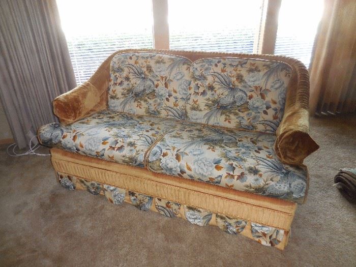 1960's Prestige Furniture, Birds of Paradise Silk Brocade in Velveteen Trim. Love Seat