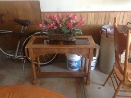 Oak Drop Leaf Sofa Table with Glass Insert; Silk Floral
