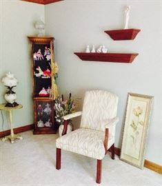 Handpainted Hurricane Lamp; Handpainted Side Table; Tall & Narrow Display Cabinet with Light; Collection of Madame Alexander Dolls; Silk Flowers, Wall Decor; Ivory Upholstered Side Chair; Lefton Little Girl Figurines