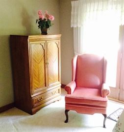 Wood Armoir; Silk Flowers; Pair of Pink Velvet Wingback Chairs