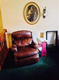 Leather Recliner; Wall Decor; handpainted side table