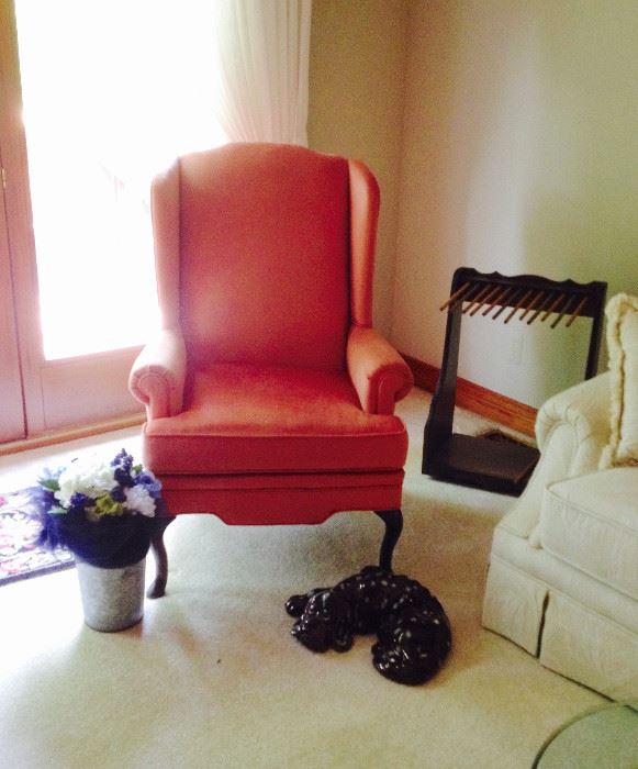Pair of Pink/Rose Velvet Wingback Chairs; Handcrafted Newspaper Stand; Large Ceramic Lying Dog; Silk Floral Arrangement