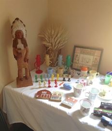Handcarved and hand painted Wood Indian Chief; Collection of Mr. Peanut Collectibles; Assortment of Vintage Advertising and children's Dishes