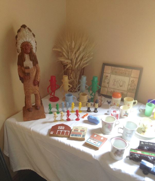 Handcarved and hand painted Wood Indian Chief; Collection of Mr. Peanut Collectibles; Assortment of Vintage Advertising and children's Dishes