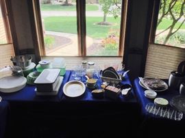 Very nice assortment of bakeware, cookware, servingware, platters, plastic containers, enamel containers, etc.