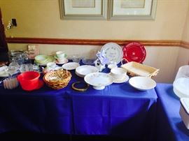 Very nice assortment of bakeware, cookware, servingware, platters, plastic containers, enamel containers, cake pedestals, vintage dinnerware, etc.