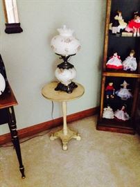 Madame Alexander Doll Collection with Boxes; Display Cabinet; Handpainted Side Table; Handpainted Hurricane Lamp