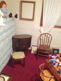Handpainted Martha Washington Sewing Cabinet; Antique Oak & Vinyl Nailhead Stool; Handpainted antique side chair; Clean Bedding Foundation Set for Full Size Bed; Child's Drop Leaf Table with Two Chairs; Beanie Babies; Grandville HPS Yearbooks; Assorted Vintage and Antique Frames; Oversized dolls and stuffed animals