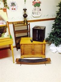 Table lamps; maple entertainment center; CD spinning rack; Whiskey Barrel Wall Coat Rack; Bookshelf