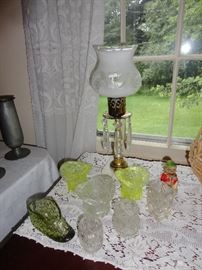 Pair of matching luster electric lamps and collection of glass hats and a shoe
