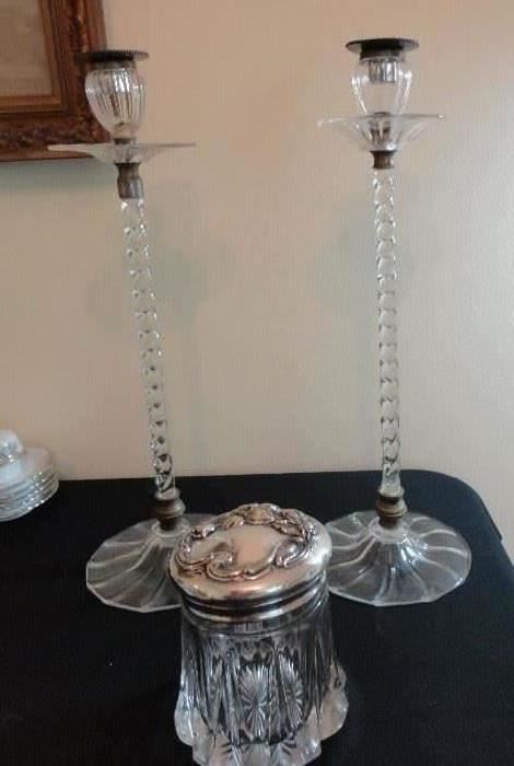Pair tall glass candlesticks - unsigned - great condition