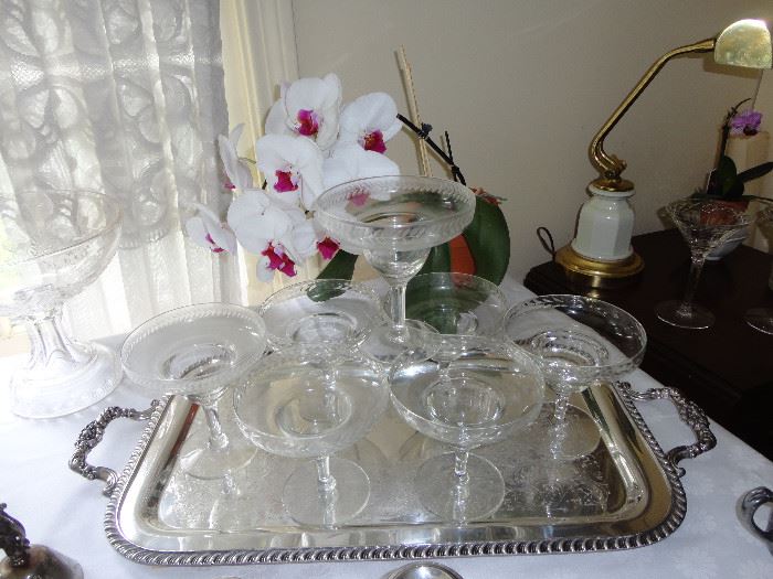 Shrimp cocktail glasses on silver plate tray