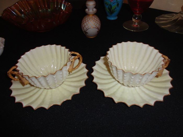 Belleek - very fine bouillon bowl and saucer and cup and saucer.